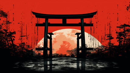 Red and white Japanese landscape background with arch