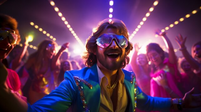 Happy man dancing on a disco themed costume party in a neon - lit discotheque