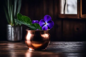 Artistic shot of a single violet in a copper metal vase, placed near a window, minimalist design, wooden surface background