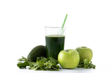 Green smoothie detox with Kale, avocado and apples isolated on white background