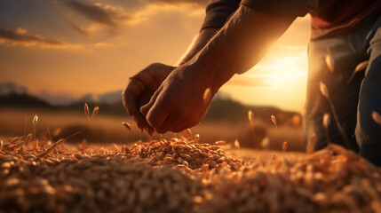 夕暮れ時、穀物を注ぐ男性農夫の懸命な手。農地の収穫期GenerativeAI - obrazy, fototapety, plakaty