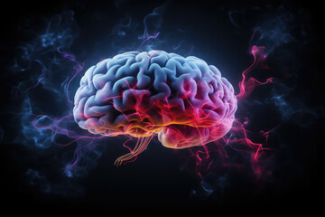 human brain technology material in front of dark background - obrazy, fototapety, plakaty