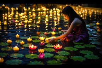 Naklejka premium Loy Krathong festival in Thailand with people and candle at river. AI Generative