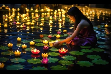 Fotobehang Loy Krathong festival in Thailand with people and candle at river. AI Generative © sticker2you