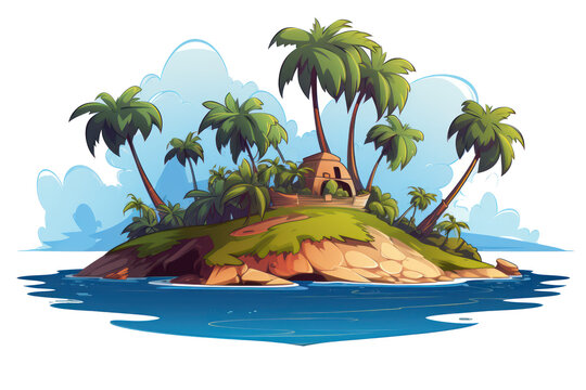 island with palms and rocks, isolated on transparent background, png file