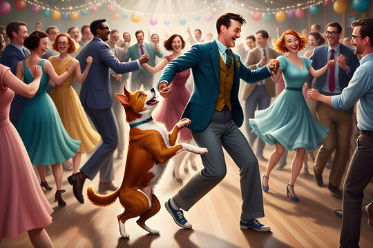 a dog are swing dancing surrounded by people, Generative AI