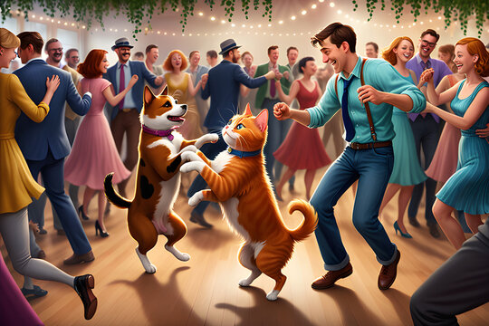 a dog and a cat are swing dancing surrounded by people, Generative AI
