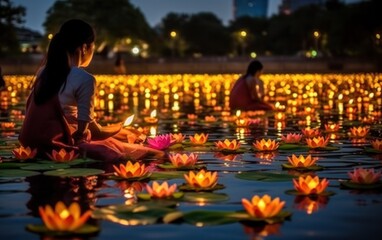 Fototapeta premium Loy Krathong festival in Thailand with people and candle at river. AI Generative