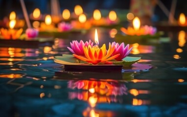 Floating loy krathong and candle in Thailand full moon folk festival. Generative AI