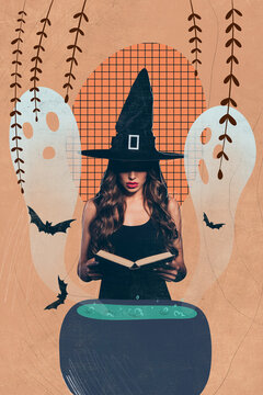 Vertical composite creative photo collage of gorgeous witch read spell book cooking love elixir in caudron isolated painted background