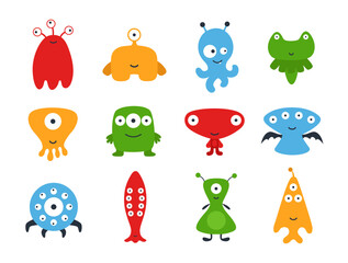 Vector set of cute flat aliens isolated on white background. Illustration for textile, fabrics, posters, cards, t-shirts etc