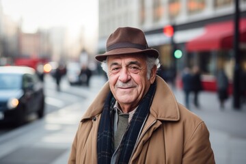 Portrait of an elderly man in a hat on the street.