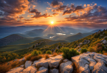 A beautiful sunrise over mountain landscap HD Wallpaper - obrazy, fototapety, plakaty