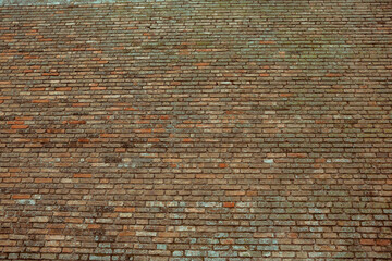 Photo of an old empty brick background for design. A red brick wall.