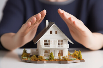 Hands covering a model home, symbolizing home insurance and protection. - obrazy, fototapety, plakaty