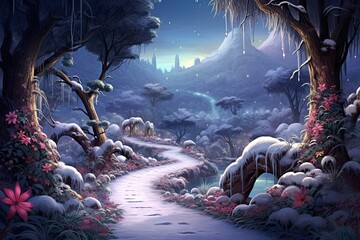 Enigmatic snowy forest trails beckon adventurers with captivating landscapes, Christmas New Year image - obrazy, fototapety, plakaty