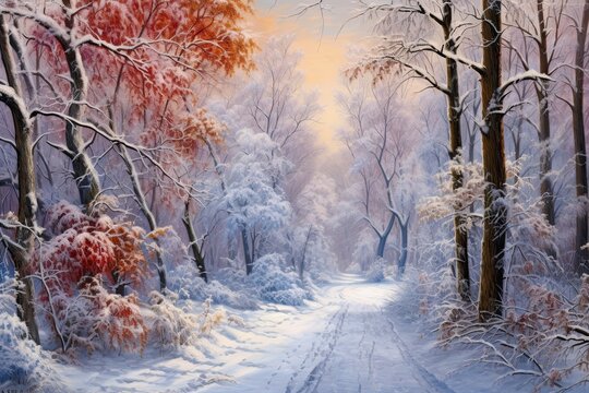 Enigmatic snowy forest trails beckon adventurers with captivating landscapes, Christmas New Year image