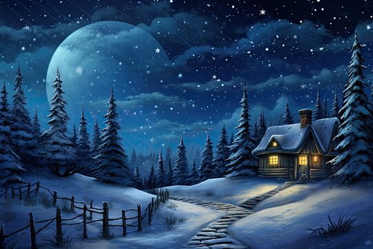 Serene winter cabin enveloped by snow laden trees under a starlit sky, Christmas New Year image
