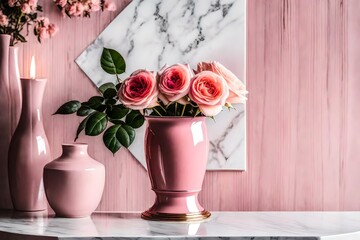 Artistic shot of rose in a pink ceramic vase, placed on a marble pedestal, minimalist design, elegant indoor interior background,