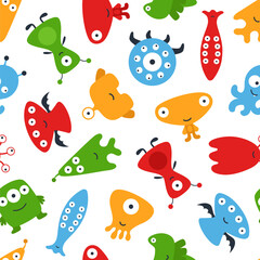 Vector seamless pattern with aliens. Vector flat illustration for textile, fabric, wallpaper, web design