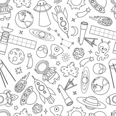 Vector seamless pattern with space elements. Vector flat illustration for textile, fabric, wallpaper, web design