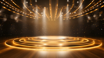 Golden Starlit Celebration: Glowing Stage Lights and Three-Dimensional Abstract Design