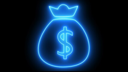 Neon money bag icon. Neon light bags money. Brilliant advertising dollars. sky blue color dollar pouch sign and  black background.