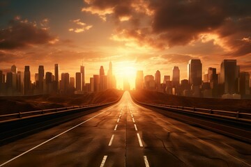 highway in the city with the sun in the background, vibrant stage backdrops, futurist claims,...