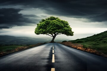 road tree stock photos & royalty-free images, visual storytelling, zen minimalism, dark green and orange, whiplash lines