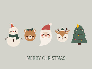 Cute Christmas card fabulous Santa,christmas tree, snowman, bear and deer. Charming festive characters doodle style. Funny design creative greeting. Perfect for invitation, postcard, social media