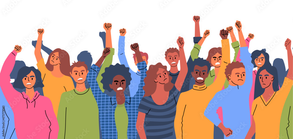 Poster cartoon color characters people supporting movement and protesting crowd protesters fists concept fl