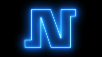 SkyBlue neon light glow glass made clear alphabet - letter N isolated on black background, 3D illustration education concept of symbols.