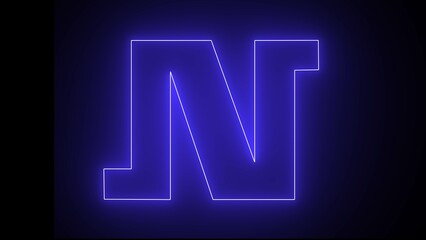 Blue neon light glow glass made clear alphabet - letter N isolated on black background, 3D illustration education concept of symbols.