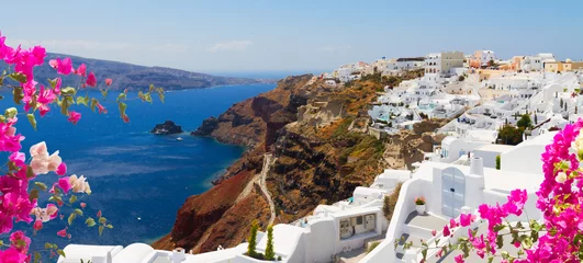Foto op Canvas Oia, traditional greek village with flowers and Aegan sea waters, Santorini, Greece © neirfy