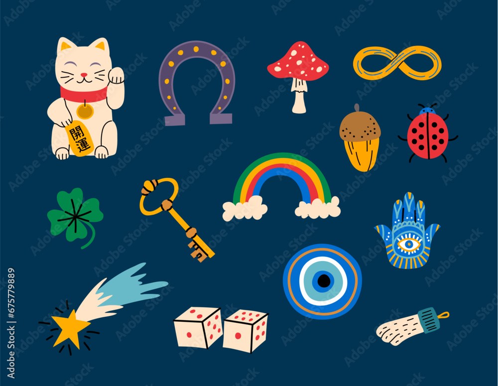 Poster Cartoon Color Different Lucky Charms Amulets Icons Set Concept Flat Design Style Include of Maneki Neko Cat, Horseshoe and Clover. Vector illustration