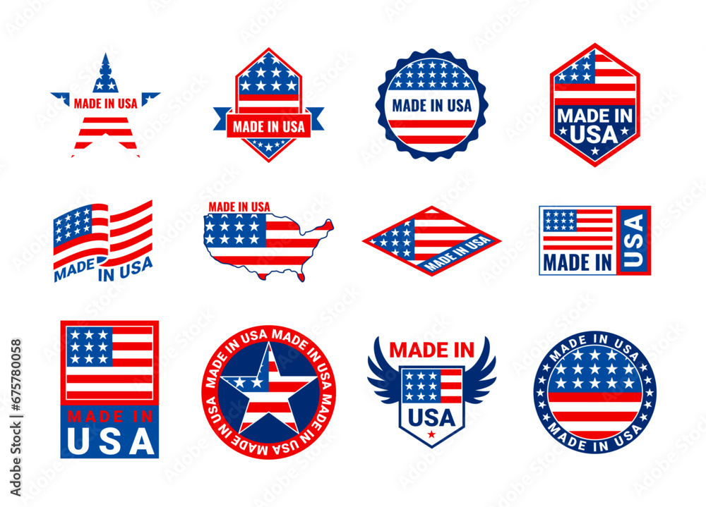 Sticker Cartoon Color Different Made in Usa Labels Set Concept Flat Design Retro Style. Vector illustration of American Flag Label