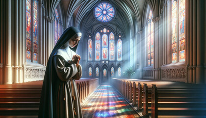 Fototapeta na wymiar Whispers of Light: A Gothic Sanctuary for a Nun's Prayer