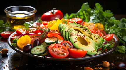 Fresh vegetable salad with tomatoes, cucumber, pepper, parsley and sesame seeds. on black background. Healthy food concept. Generative AI technology.