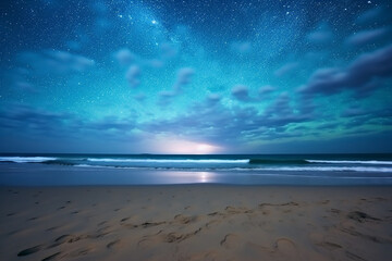 Long exposure shot of glowing plankton on the beach and milky way on the night sky, Blue bioluminescent of glow of water under the night sky - obrazy, fototapety, plakaty