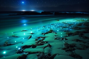 Long exposure shot of glowing plankton on the beach and milky way on the night sky, Blue bioluminescent of glow of water under the night sky