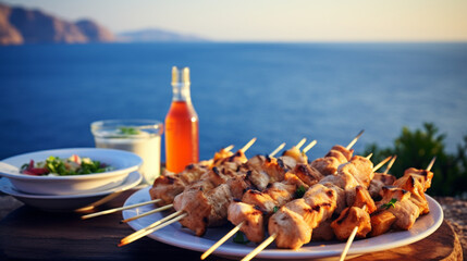  美しいギリシャ海岸を背景にしたスブラキ料理GenerativeAI