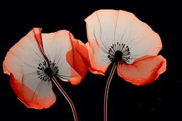 Stylized transparent red poppies flowers on black background. Remembrance Day, Armistice Day, Anzac day symbol