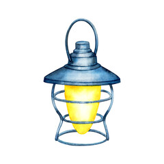 Camping lamp isolated. Travel, outdoor recreation, fresh air. Comfortable outdoor glamping. Watercolor illustration of lamp and night light.