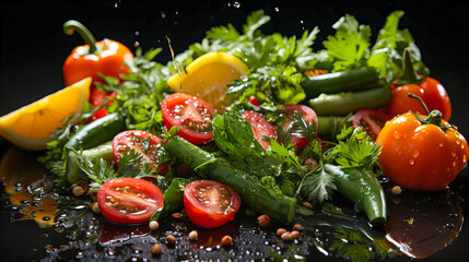 Fresh vegetable salad with tomatoes, cucumber, pepper, parsley and sesame seeds. on black background. Healthy food concept. Generative AI technology.