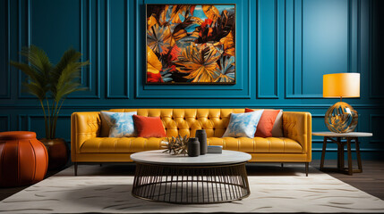 colorful sofa with abstract wall Painting in living room - Ai