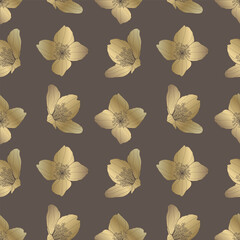 Vector brown floral pattern with golden flowers. Pattern for textiles, wrapping paper, covers, backgrounds