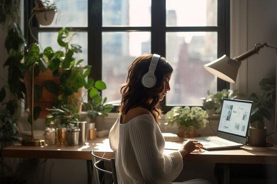 A young woman is relaxed in her eclectic city apartment, sitting at a vintage wooden desk surrounded by lush green plants. She wears comfortable headphones, lo-fi background