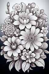 Hand drawn bouquet of flowers and leaves on white background. Floral summer illustration for coloring book pages.Ai
