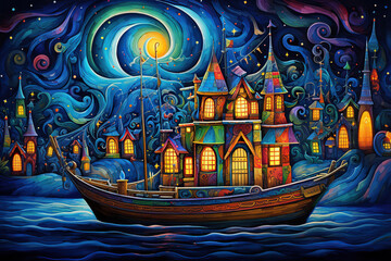 abstract illustration of a colorful boat in the night at sea, village in the background