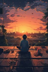 A silhouette of a lone figure seated on a hilltop, headphones on, gazing at a cityscape below with lights flickering as dusk turns to night, lo-fi background